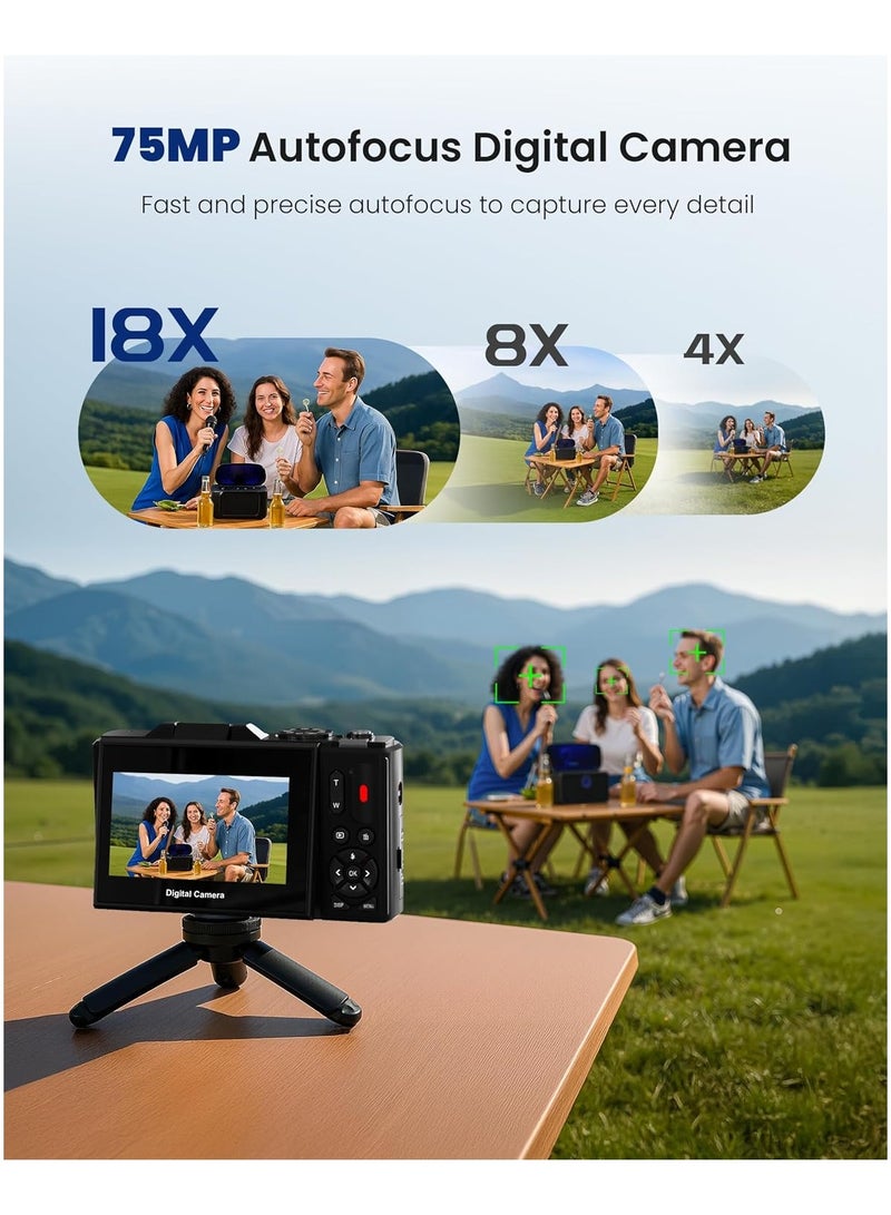 5K Digital Camera with 64GB TF Card, 75MP Cameras Digital for Photography, 18X Zoom Point and Shoot Vlogging Camcorder for YouTube, 3 180° Flip Screen  Wide-Angle Lens – Ideal Beginner Gift - Image 4