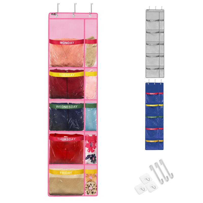 Handy Laundry Weekly Clothes Organizer for Kids 5Shelf Hanging Closet Organizer with Day of the Week Labels Over the Door or Wall Mount Large Capacity Durable Fabric Pink - Image 2