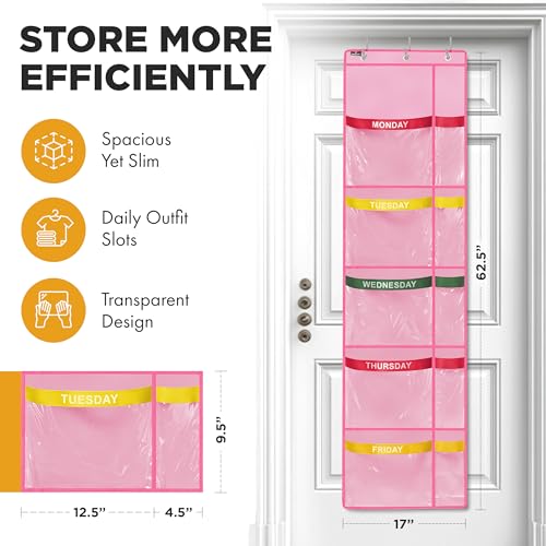 Handy Laundry Weekly Clothes Organizer for Kids 5Shelf Hanging Closet Organizer with Day of the Week Labels Over the Door or Wall Mount Large Capacity Durable Fabric Pink - Image 3