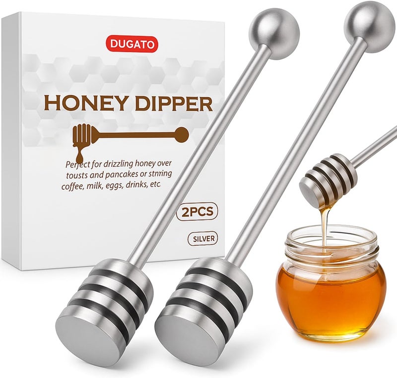 DUGATO Honey Dipper Set (2 Pack, 6.3") - 304 Stainless Steel Honeycomb Sticks for Honey Pot Jar, Syrup Drizzler, Tea & Coffee Stirrer - Elegant Kitchen Utensil (Stainless Steel) - Image 1