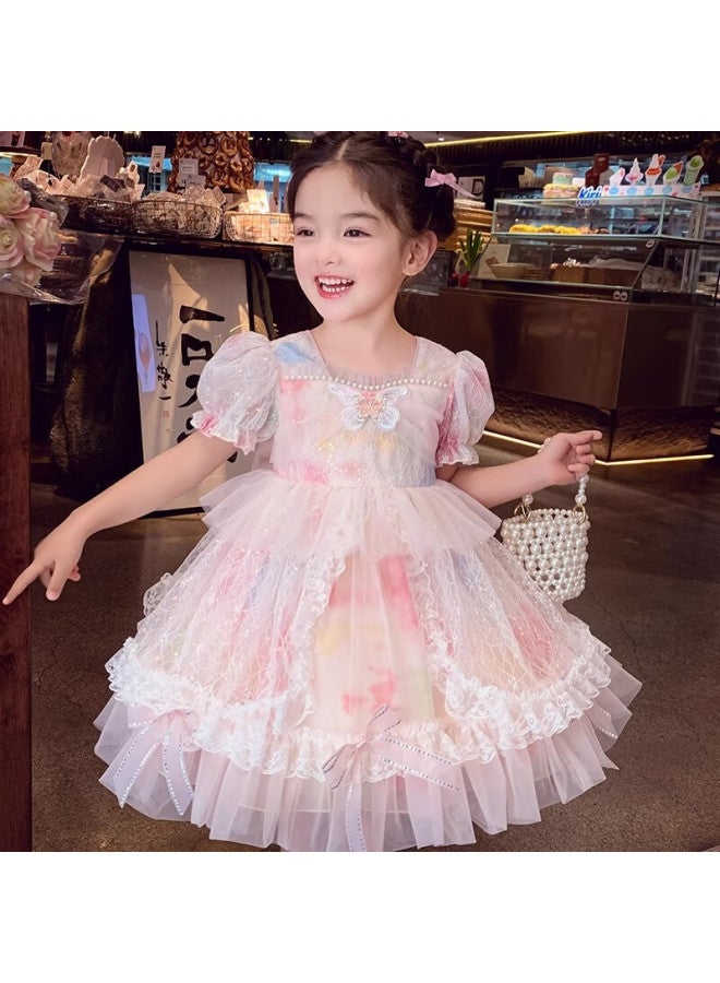 Anneyol Girls Princess Dress Summer Fashion Children's Lolita Mesh Dress Girls Bubble Sleeve Dress Pink 140 - Image 3