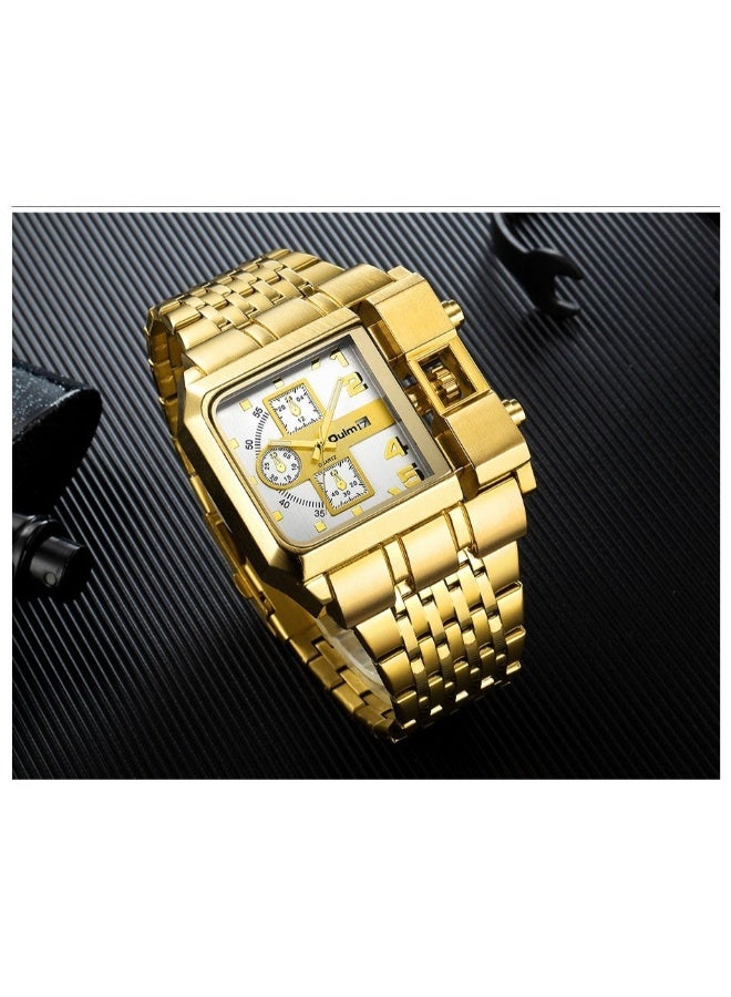 Oulm Men's Gold Steel Band Calendar Square Quartz Watch with Large Dial - Image 3