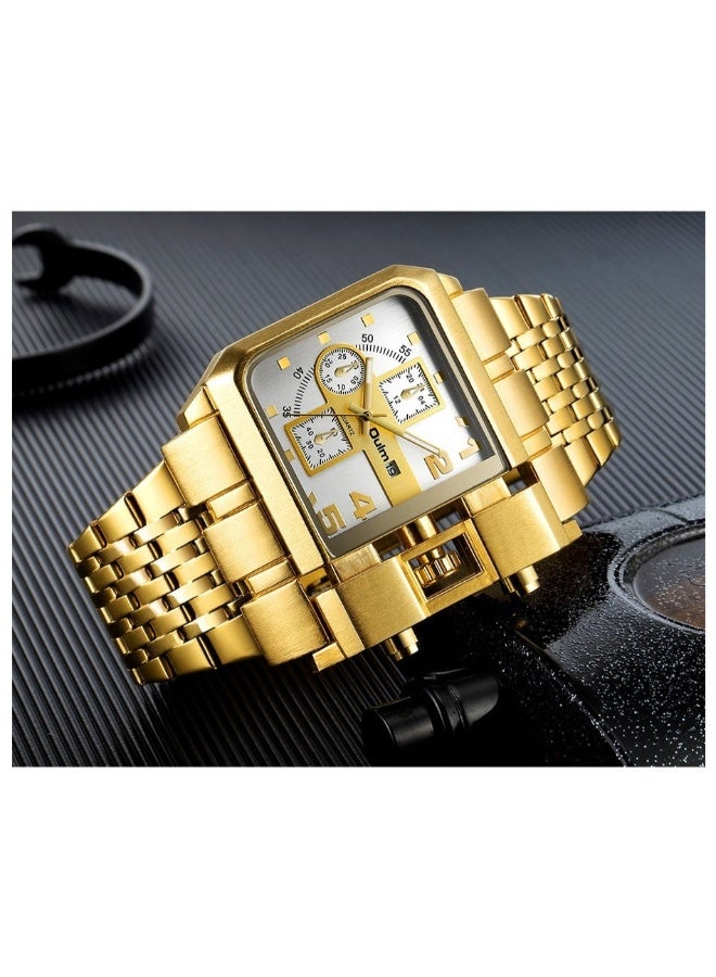 Oulm Men's Gold Steel Band Calendar Square Quartz Watch with Large Dial - Image 2