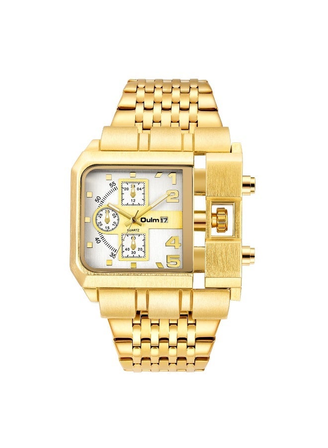 Oulm Men's Gold Steel Band Calendar Square Quartz Watch with Large Dial - Image 1