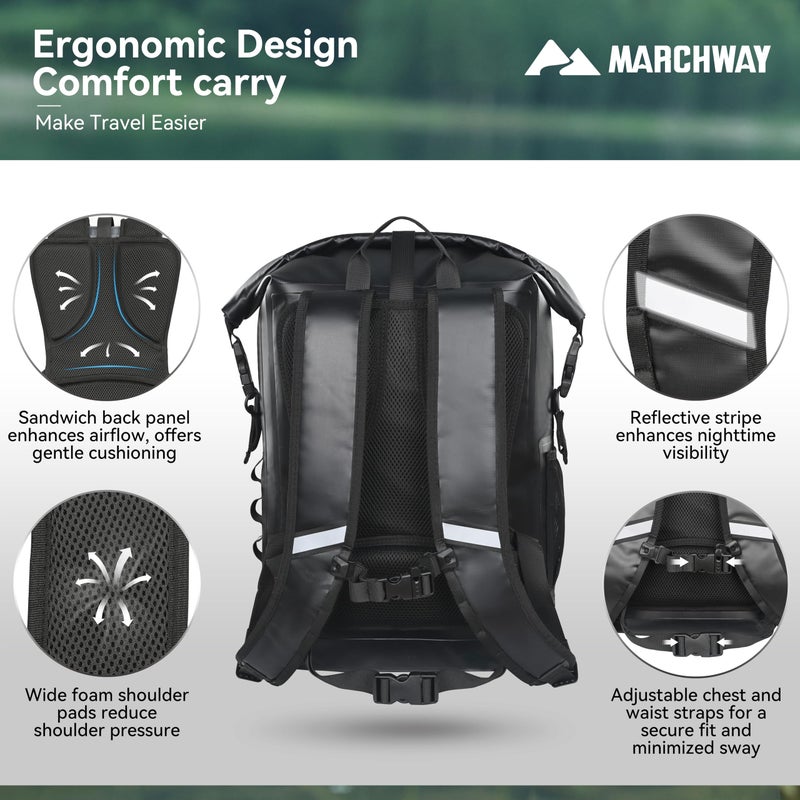 MARCHWAY Roll Top Waterproof Backpack, Floating Dry Bag 20L/30L/45L with Ergonomic Rectangular Base, Cushioned Back, Hip Strap for Hiking Camping Kayaking Travel (Black, 20L) - Image 3