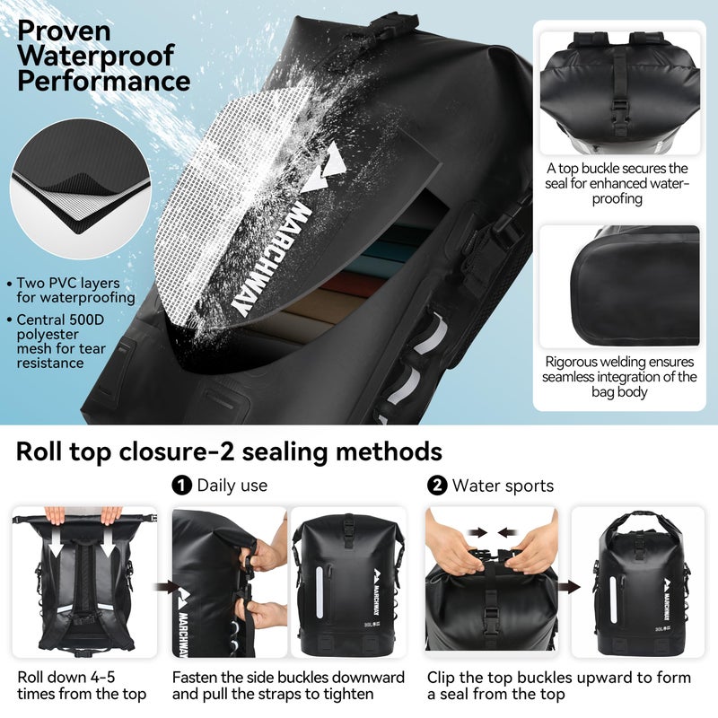 MARCHWAY Roll Top Waterproof Backpack, Floating Dry Bag 20L/30L/45L with Ergonomic Rectangular Base, Cushioned Back, Hip Strap for Hiking Camping Kayaking Travel (Black, 20L) - Image 4