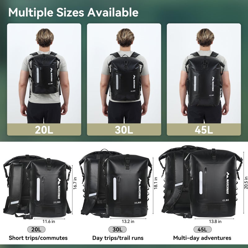 MARCHWAY Roll Top Waterproof Backpack, Floating Dry Bag 20L/30L/45L with Ergonomic Rectangular Base, Cushioned Back, Hip Strap for Hiking Camping Kayaking Travel (Black, 20L) - Image 5