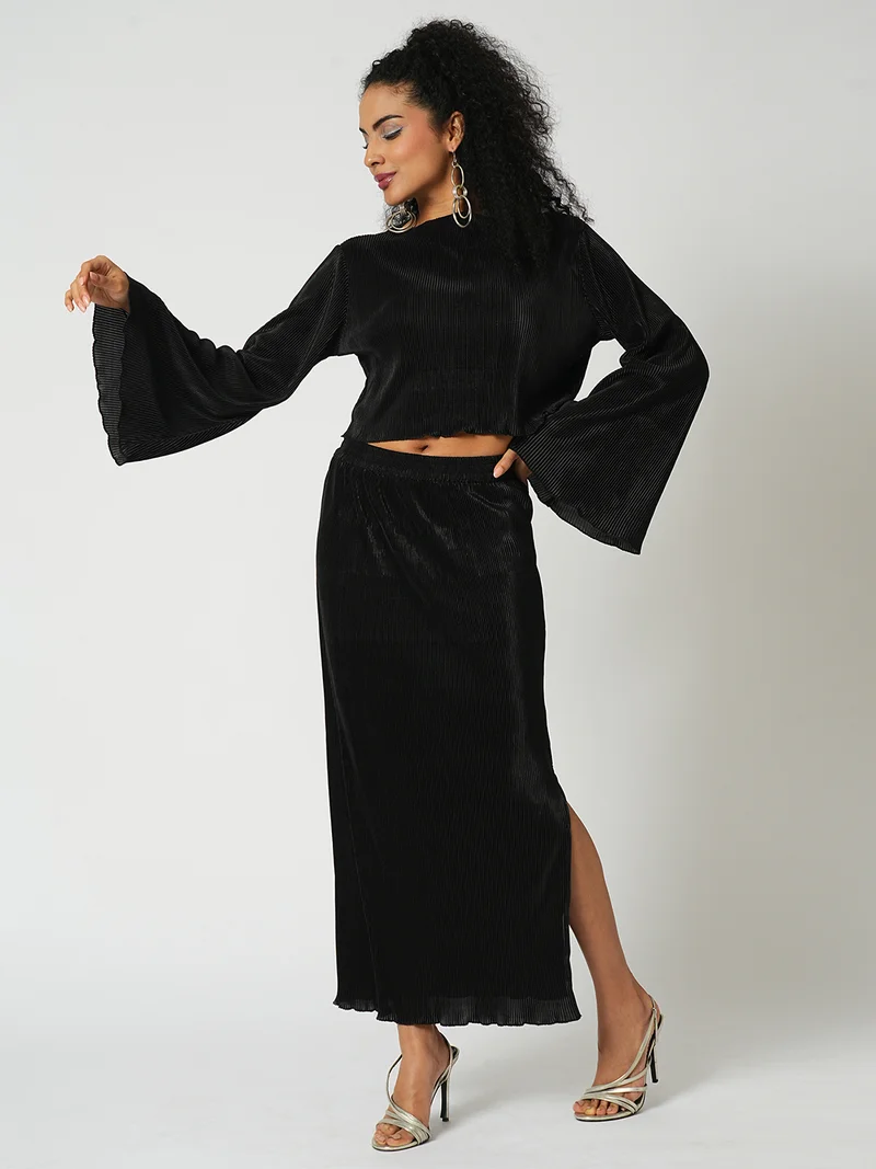 Globus Women Accordion Pleats Bell Sleeves Crop Top With Side Slit Maxi Skirt Party Co-Ord Set