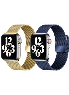 YOMNA [set of 2] YOMNA Magnetic Metal Milanese Loop Band Compatible with Apple Watch Band 42mm 44mm 45mm 49mm, Mesh Strap Replacement for iWatch Series Ultra SE 8 7 6 5 4 3 2 1 (Gold/Navy Blue) 