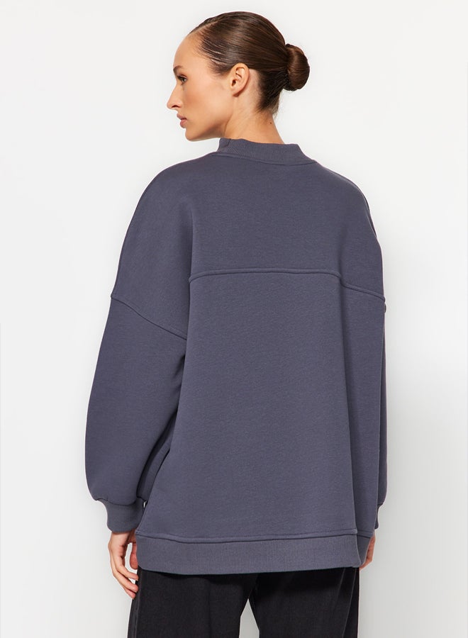 trendyol Anthracite Oversize Knitted Polar Fleece Inside Furry Sweatshirt - Image 5