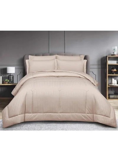 Donetella Hotel Style Comforter Set 6-Pcs King Size 200x200cm, All Season Broken Stripes Quilted Comforter Bedding Set With Down Alternative Filing,French Oak