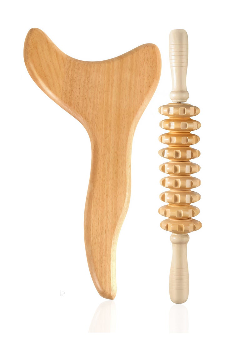 Loucky Loucky Wood Therapy Massage Tools, Wooden Gua Sha Kits, Y-Shape Gua Sha Board & 9-Roller Massage Tool, Used for Lymphatic Drainage & Muscle Tension Relief, Maderoterapia, Anti-Cellulite, Body Sculpting & Contouring  - Image 1