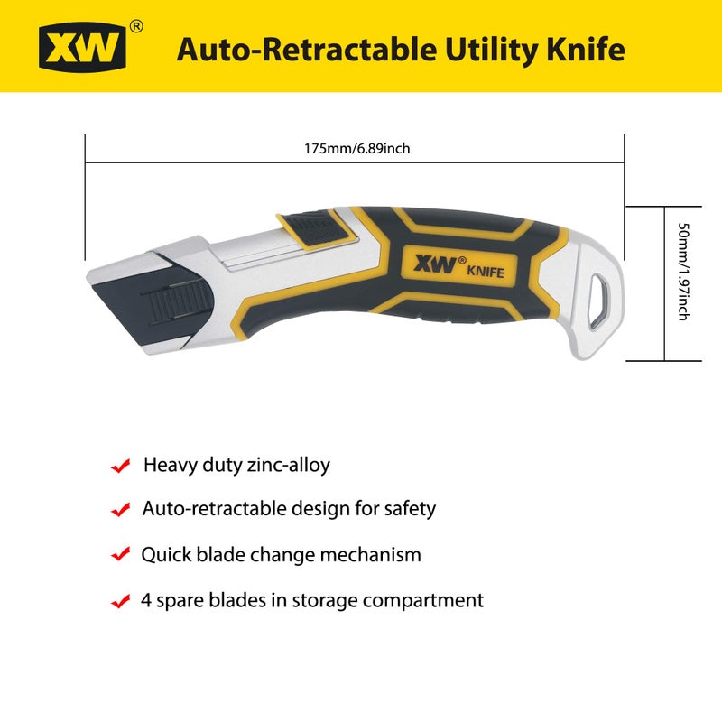 XW Auto-Retractable Safety Utility Knife, Box Cutter of Quick Blade Change, 4 Spare Blades Storage in Handle - Image 5