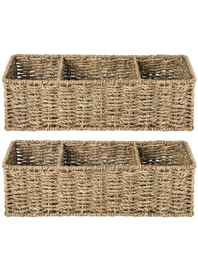 StorageWorks 3-Section Wicker Baskets for Shelves, Hand-Woven Seagrass Storage Baskets, 14.4" x 6.1" x 4.3", 2-Pack - Image 1