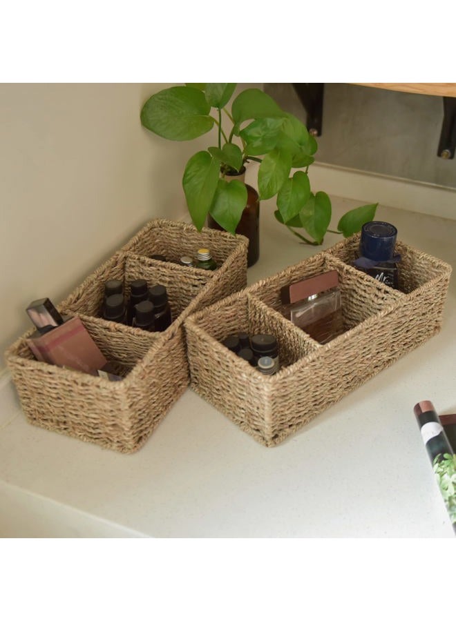 StorageWorks 3-Section Wicker Baskets for Shelves, Hand-Woven Seagrass Storage Baskets, 14.4" x 6.1" x 4.3", 2-Pack - Image 3