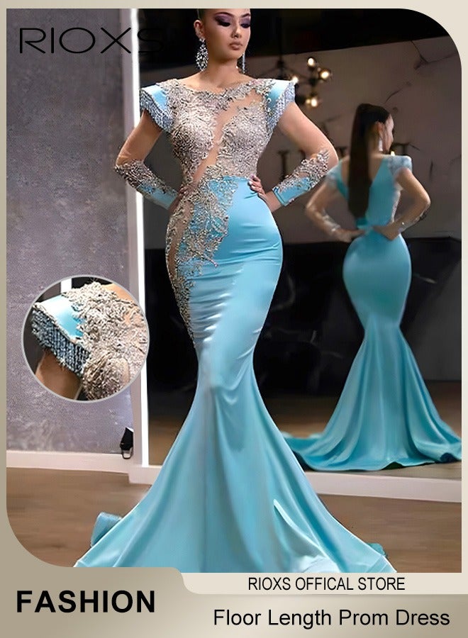 RIOXS Women's Glitter Stitching Sliming Grown with Shoulder Pads Round Neck Collar High Split Floor-length Prom Dress for Fashion Party  - Image 1