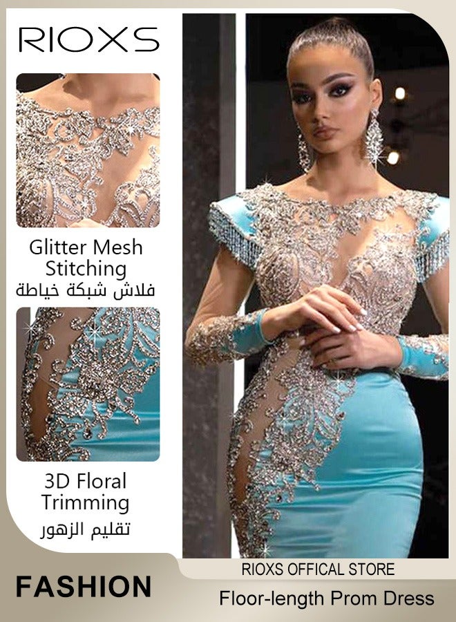 RIOXS Women's Glitter Stitching Sliming Grown with Shoulder Pads Round Neck Collar High Split Floor-length Prom Dress for Fashion Party  - Image 2