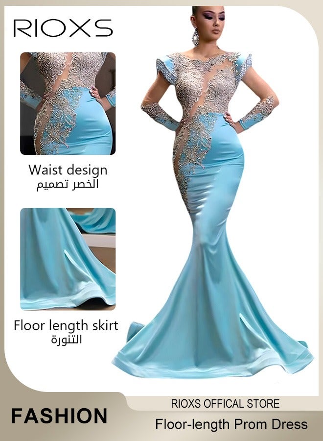 RIOXS Women's Glitter Stitching Sliming Grown with Shoulder Pads Round Neck Collar High Split Floor-length Prom Dress for Fashion Party  - Image 3