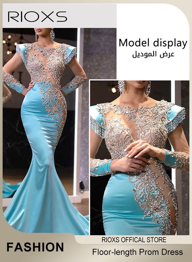 RIOXS Women's Glitter Stitching Sliming Grown with Shoulder Pads Round Neck Collar High Split Floor-length Prom Dress for Fashion Party  - Image 4