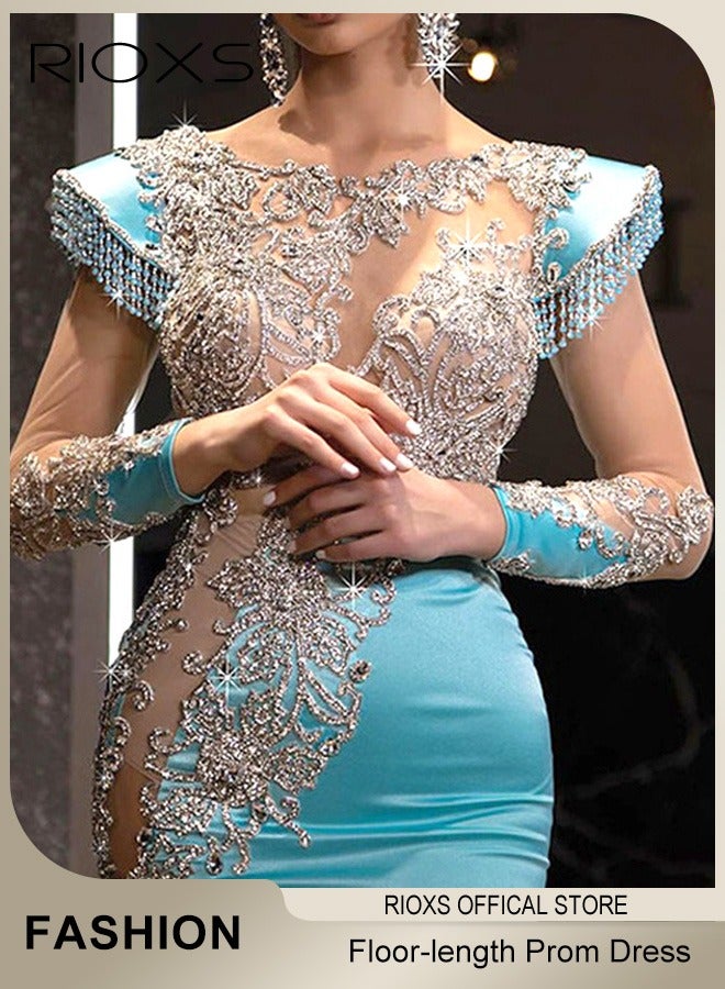 RIOXS Women's Glitter Stitching Sliming Grown with Shoulder Pads Round Neck Collar High Split Floor-length Prom Dress for Fashion Party  - Image 5
