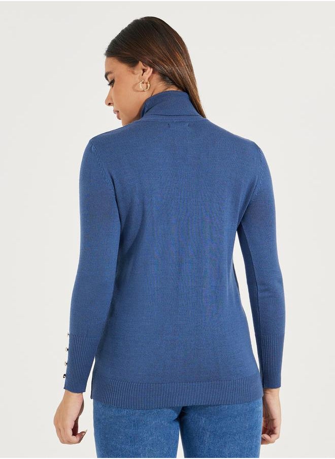 Styli Slim Fit Turtle Neck Sweater with Button Cuff Detail  - Image 4