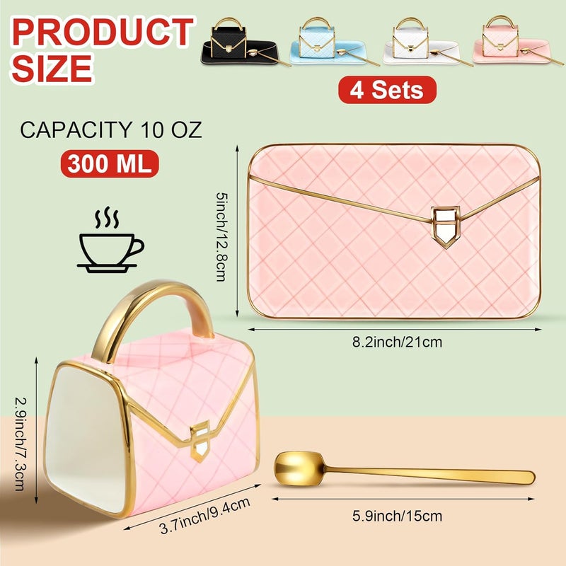 Zubebe Zubebe 4 Set Coffee Mug Elegant Handbag Shaped Cup Modern Ceramic Purse Mug with Spoon and Saucer 10oz Cute Creative Tea Cup for Office Home Woman Girls Gift 4 Color  - Image 2