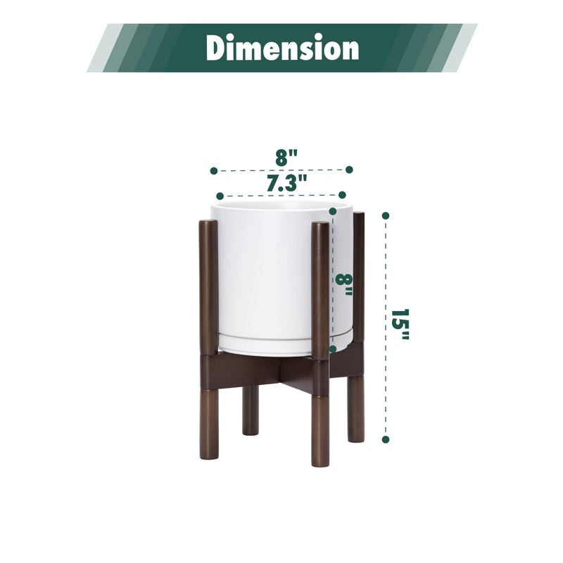 D'vine Dev Ceramic Planter with Walnut Color Stand - 8 Inch Modern Round Flower Pot with Wood Planter Holder, White, 55-B-Y-1 - Image 3