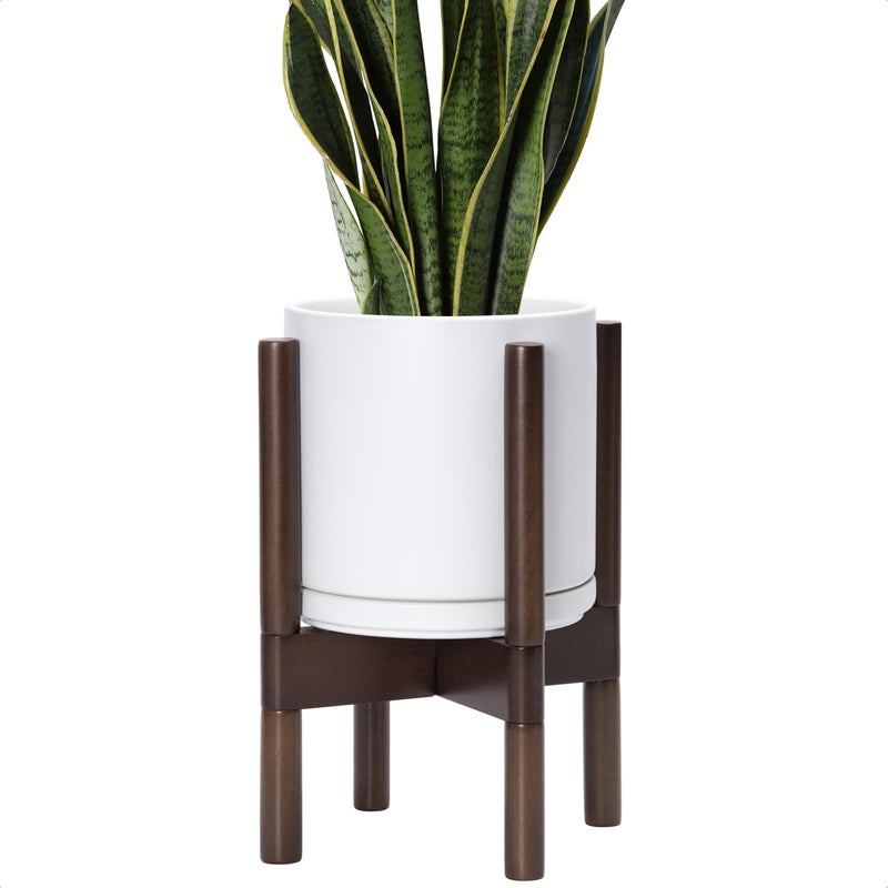 D'vine Dev Ceramic Planter with Walnut Color Stand - 8 Inch Modern Round Flower Pot with Wood Planter Holder, White, 55-B-Y-1 - Image 1