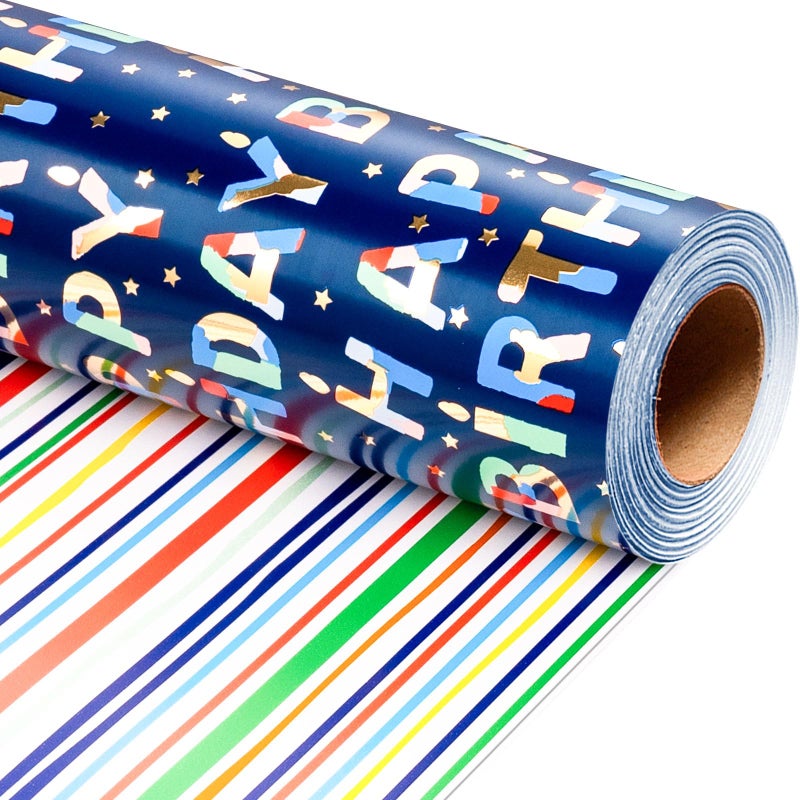 Flyhill Blue Birthday Wrapping Paper Roll Reversible-Metallic Foil Colorful Birthday Lettering On Navy Blue Gift Wrapping Paper for Boys Girls Birthday,Baby Shower, Party(17 IN x 32.8 FT) - Image 1