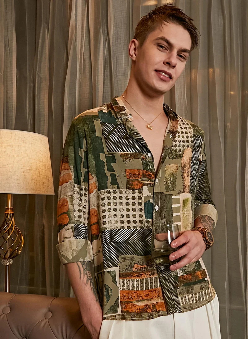 Campus Sutra Men's Olive Green & Coffee Brown Earthy-Abstract Shirt