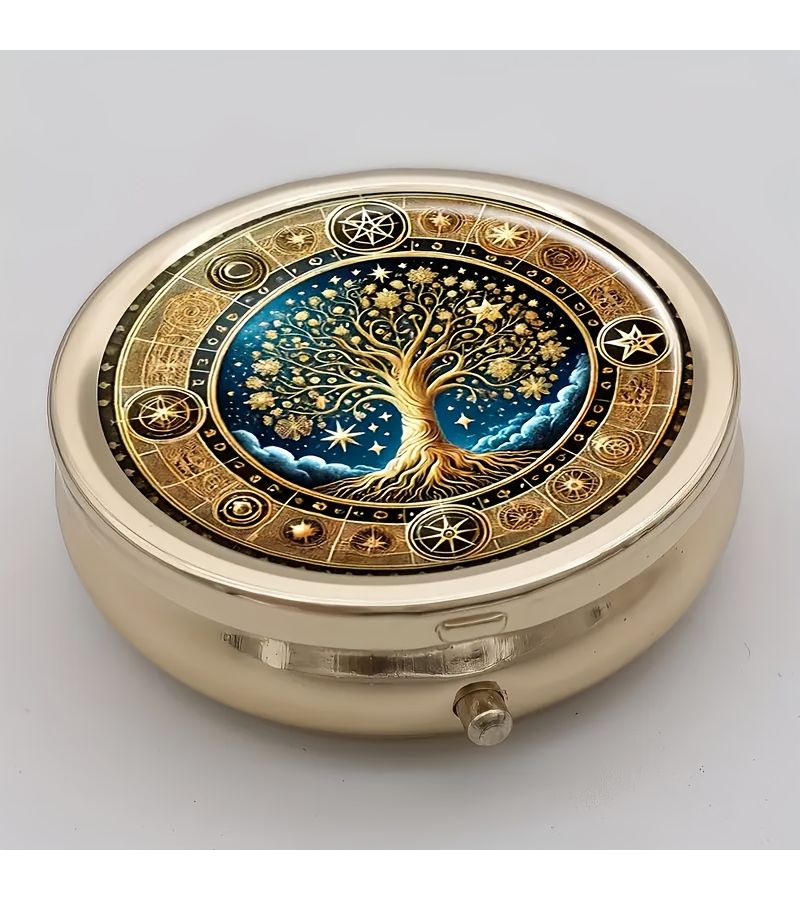 Gold Round Tree Of Life Mandala 3 Compartment Pill Box Portable Hypoallergenic Plastic Metal Design With Constellation Starry Night Art Small Travel Purse Organizer Party Favor Birthday Christmas Gift - Image 2