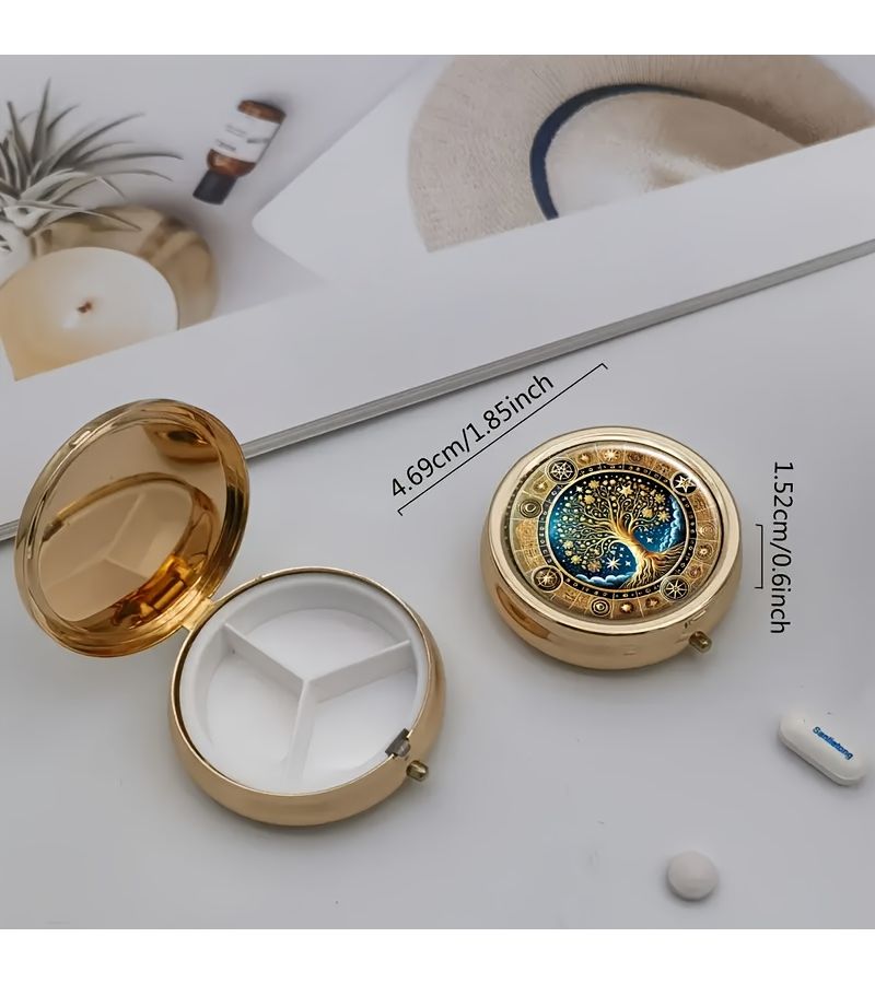 Gold Round Tree Of Life Mandala 3 Compartment Pill Box Portable Hypoallergenic Plastic Metal Design With Constellation Starry Night Art Small Travel Purse Organizer Party Favor Birthday Christmas Gift - Image 1
