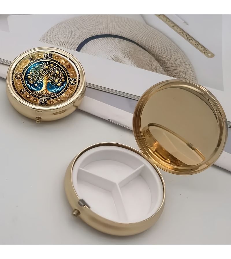 Gold Round Tree Of Life Mandala 3 Compartment Pill Box Portable Hypoallergenic Plastic Metal Design With Constellation Starry Night Art Small Travel Purse Organizer Party Favor Birthday Christmas Gift - Image 3