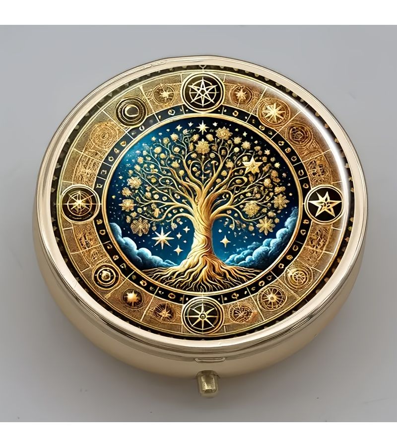 Gold Round Tree Of Life Mandala 3 Compartment Pill Box Portable Hypoallergenic Plastic Metal Design With Constellation Starry Night Art Small Travel Purse Organizer Party Favor Birthday Christmas Gift - Image 4