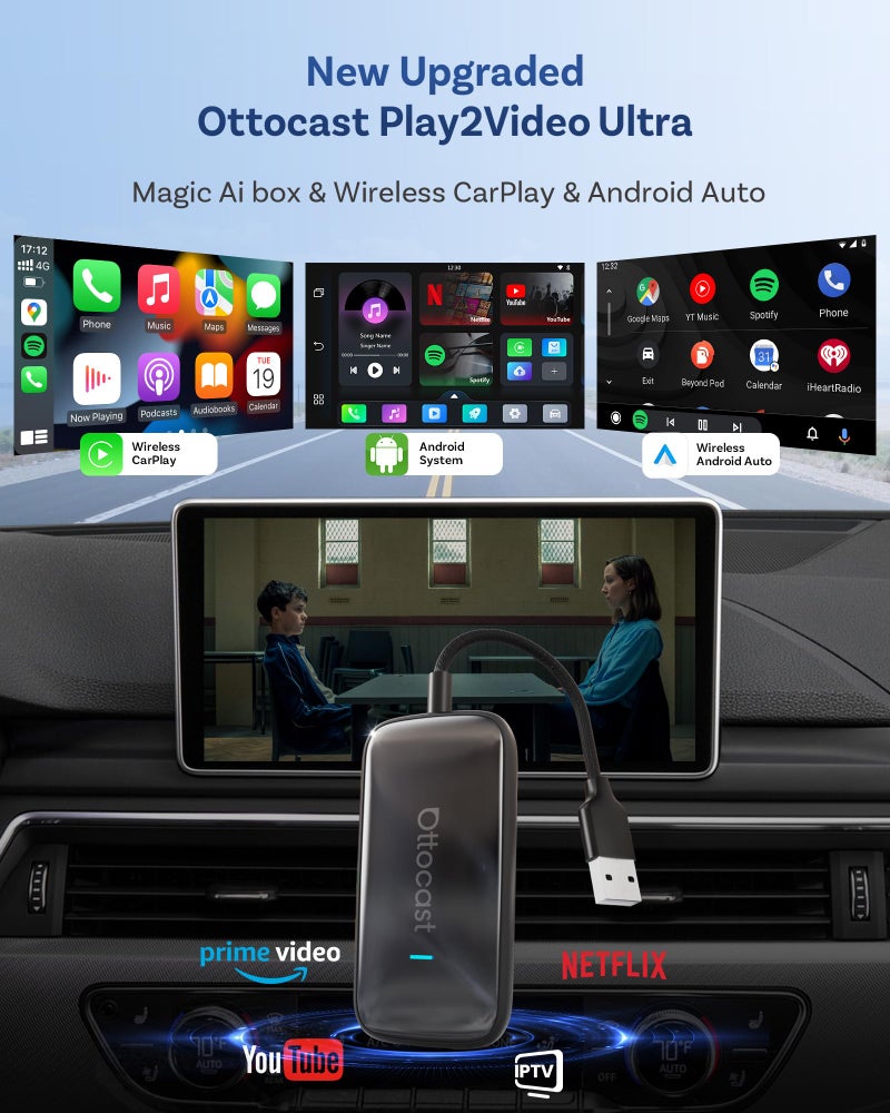 OTTOCAST Play2Video Ultra 2025 Magic Ai Box Wireless CarPlay & Android Auto Adapter with Inbuilt YouTube, Netflix 4GB RAM+32GB ROM, USB-A & Type-C Compatible - Image 2