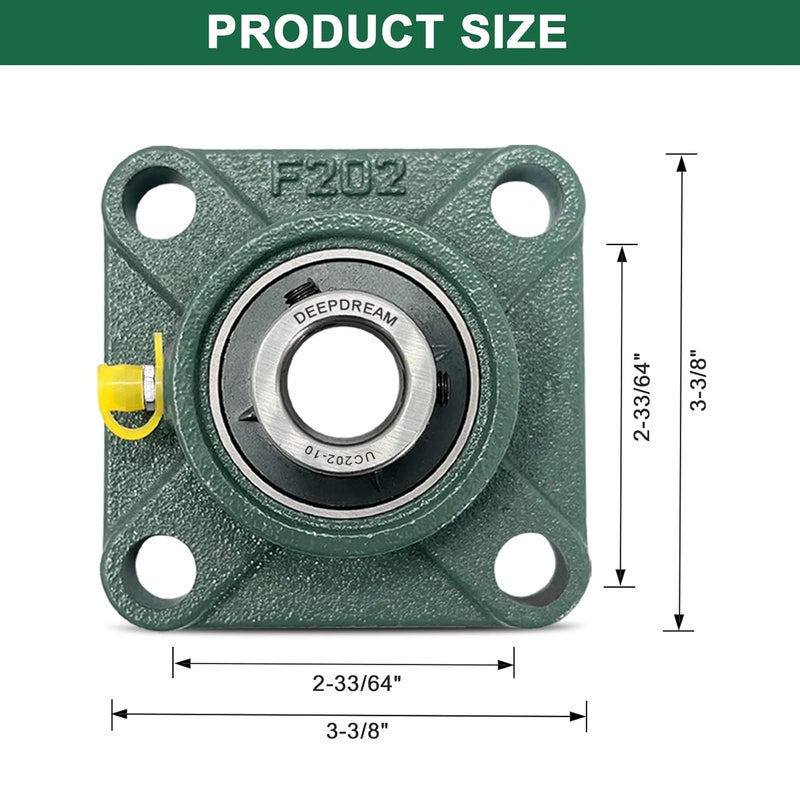DEEPDREAM 2 Pcs of UCF202-10 Pillow Block Bearing, 5/8 inch Bore, 4 Bolt Square Flange Mounted Pillow Bearing, Self Alignment - Image 2