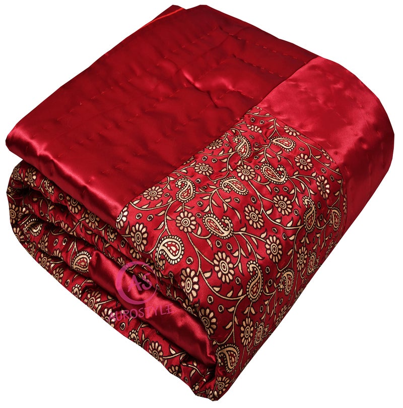AUROSTYLE Rajasthani Cotton Filled Light Weight Silk Soft Jaipuri AC Quilt/Razai Dohar Over All Floral Print Design with Gold Print Quilts Blankets for Home (85x55 Inch,Red, Single Bed) - Image 1