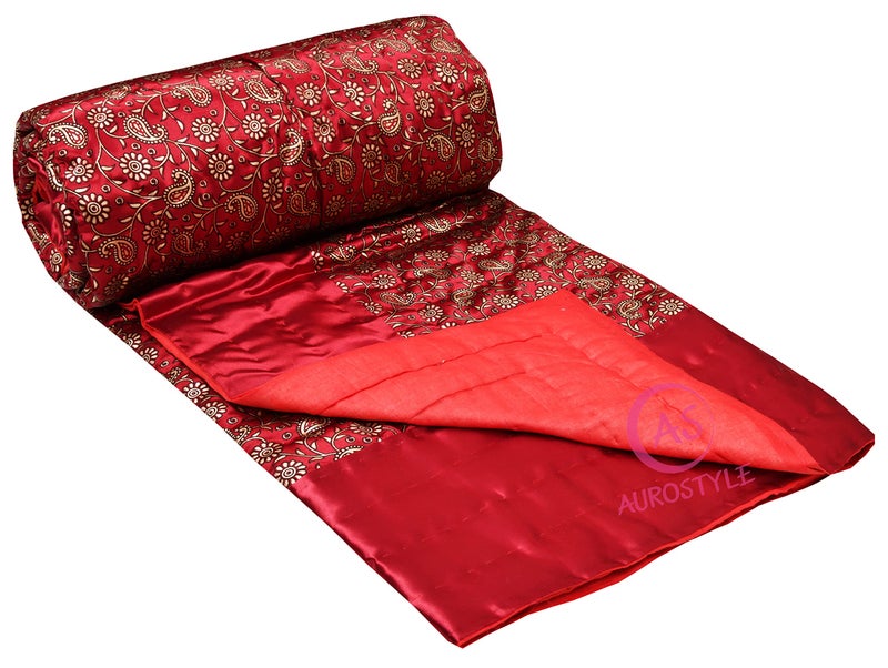 AUROSTYLE Rajasthani Cotton Filled Light Weight Silk Soft Jaipuri AC Quilt/Razai Dohar Over All Floral Print Design with Gold Print Quilts Blankets for Home (85x55 Inch,Red, Single Bed) - Image 3