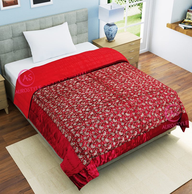 AUROSTYLE Rajasthani Cotton Filled Light Weight Silk Soft Jaipuri AC Quilt/Razai Dohar Over All Floral Print Design with Gold Print Quilts Blankets for Home (85x55 Inch,Red, Single Bed) - Image 4