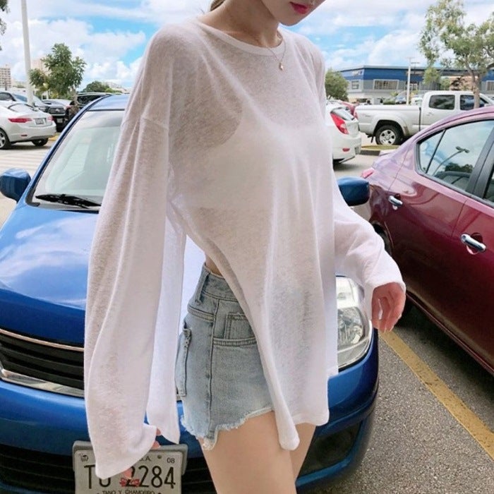 Summer Round Neck Hollow Top Loose Thin Long-sleeved T-shirt Womens Sunscreen Blouse baise