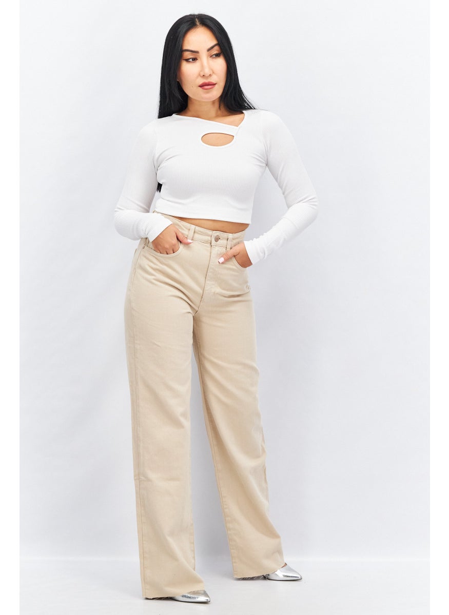 Stradivarius - Women Straight Fit Solid Non Stretchable Denim, Beige - Image 1