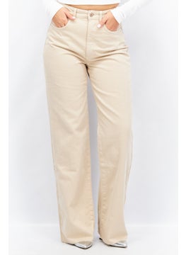 Women Straight Fit Solid Non Stretchable Denim, Beige