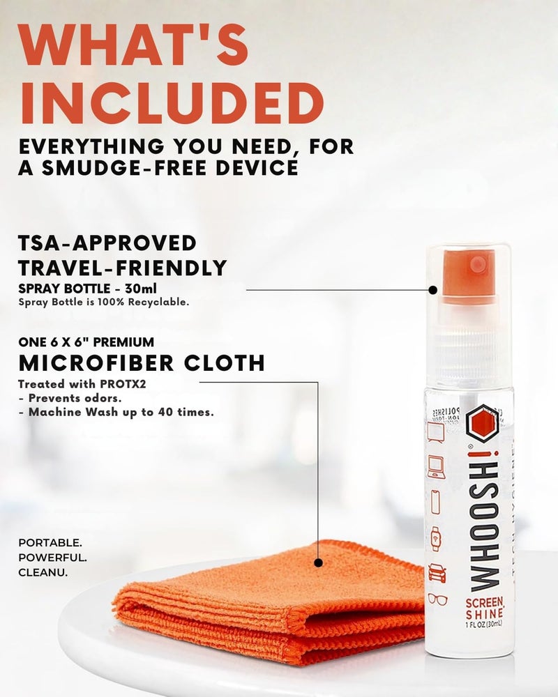 WHOOSH! Screen Shine Go - 1 fl oz Refillable Screen Cleaner Kit with Microfiber Cloth for MacBook, Phone, iPad & Eyeglasses - Powerful Streak-Free Cleaning - Pocket-Sized, TSA-Approved for Travel - Image 2