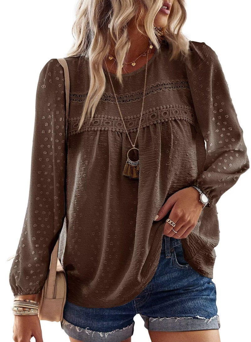 Falechay Spring Womens Tops Dressy Casual Crewneck Womens Lace Crochet Tunic Tops Long Sleeve Long Sleeve Shirts Brown Blouses for Women Plus Size XL - Image 1