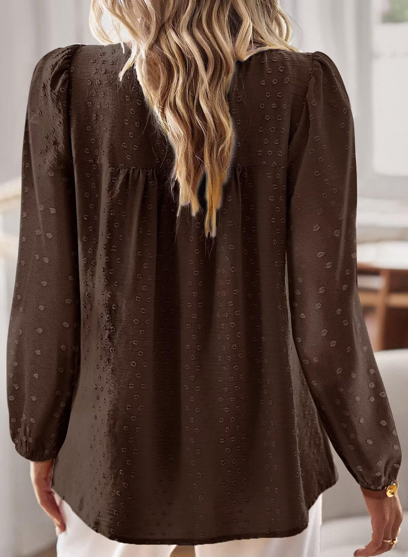 Falechay Spring Womens Tops Dressy Casual Crewneck Womens Lace Crochet Tunic Tops Long Sleeve Long Sleeve Shirts Brown Blouses for Women Plus Size XL - Image 3