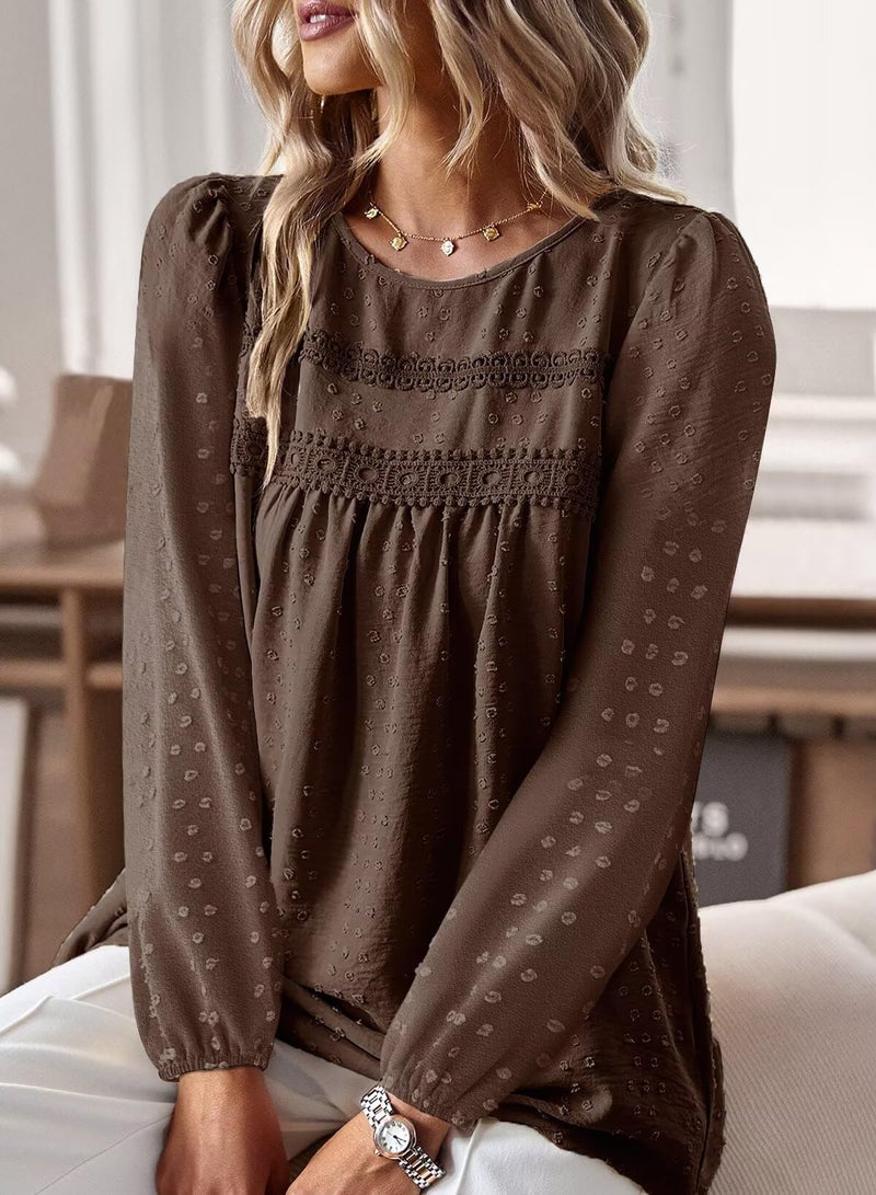 Falechay Spring Womens Tops Dressy Casual Crewneck Womens Lace Crochet Tunic Tops Long Sleeve Long Sleeve Shirts Brown Blouses for Women Plus Size XL - Image 2