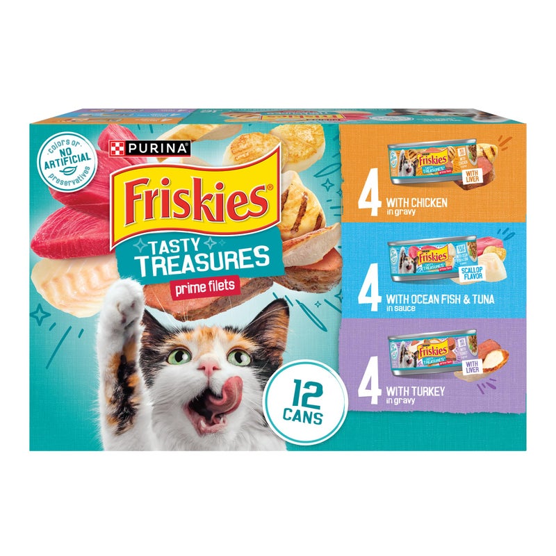 Friskies Purina Friskies Wet Cat Food Variety Pack, Tasty Treasures Prime Filets (With Ocean Fish and Tuna, With Chicken and With Turkey) - 5.5 Ounce (Pack of 12) - Image 1