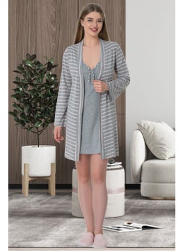 Mecit Pijama Mecit Pajamas Mecit 5625 Pink Striped Gray Women's Dressing Gown Nightgown Set  - Image 1