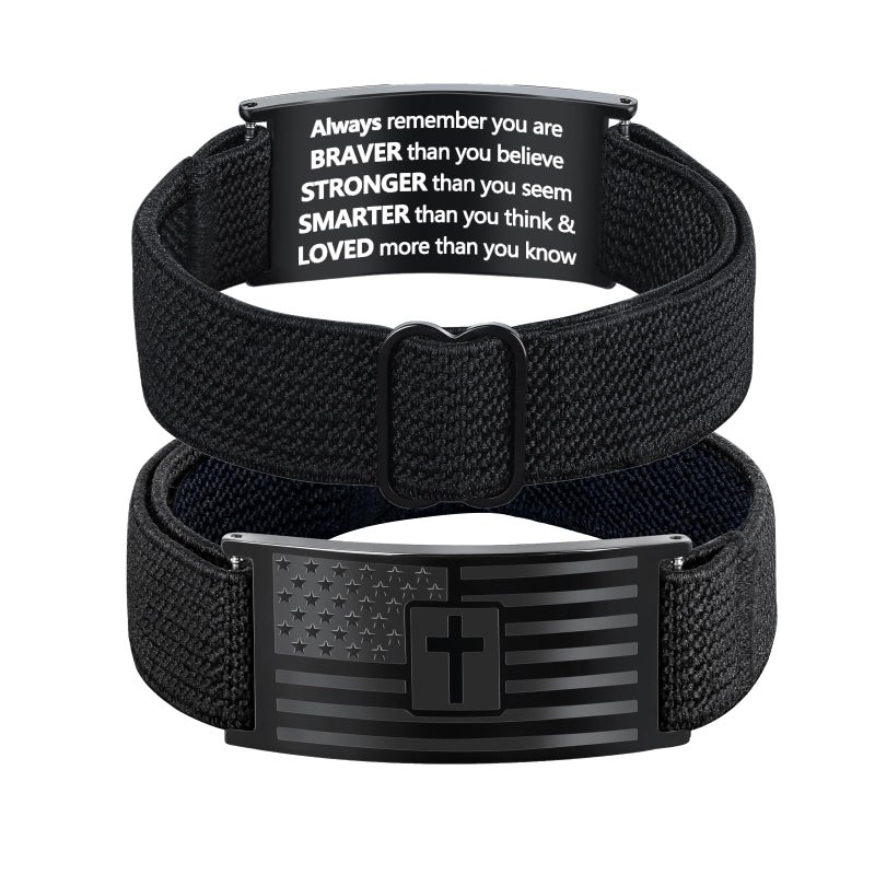 LDOWWGL Easter Basket Stuffers - Mens Bracelet - American Flag Christian Cross Bracelet for Boys - Adjustable Black Elastic Stretch Strap with Bible Verse - Gift for Son Grandson, Always - Image 1
