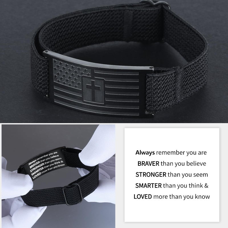 LDOWWGL Easter Basket Stuffers - Mens Bracelet - American Flag Christian Cross Bracelet for Boys - Adjustable Black Elastic Stretch Strap with Bible Verse - Gift for Son Grandson, Always - Image 5